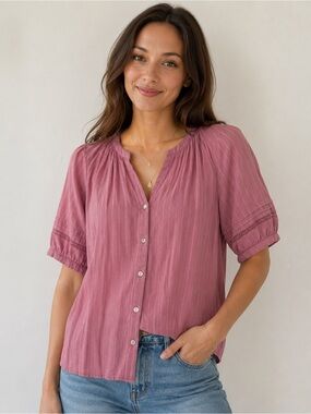 Dusty Rose Button-Front Short Sleeve Blouse